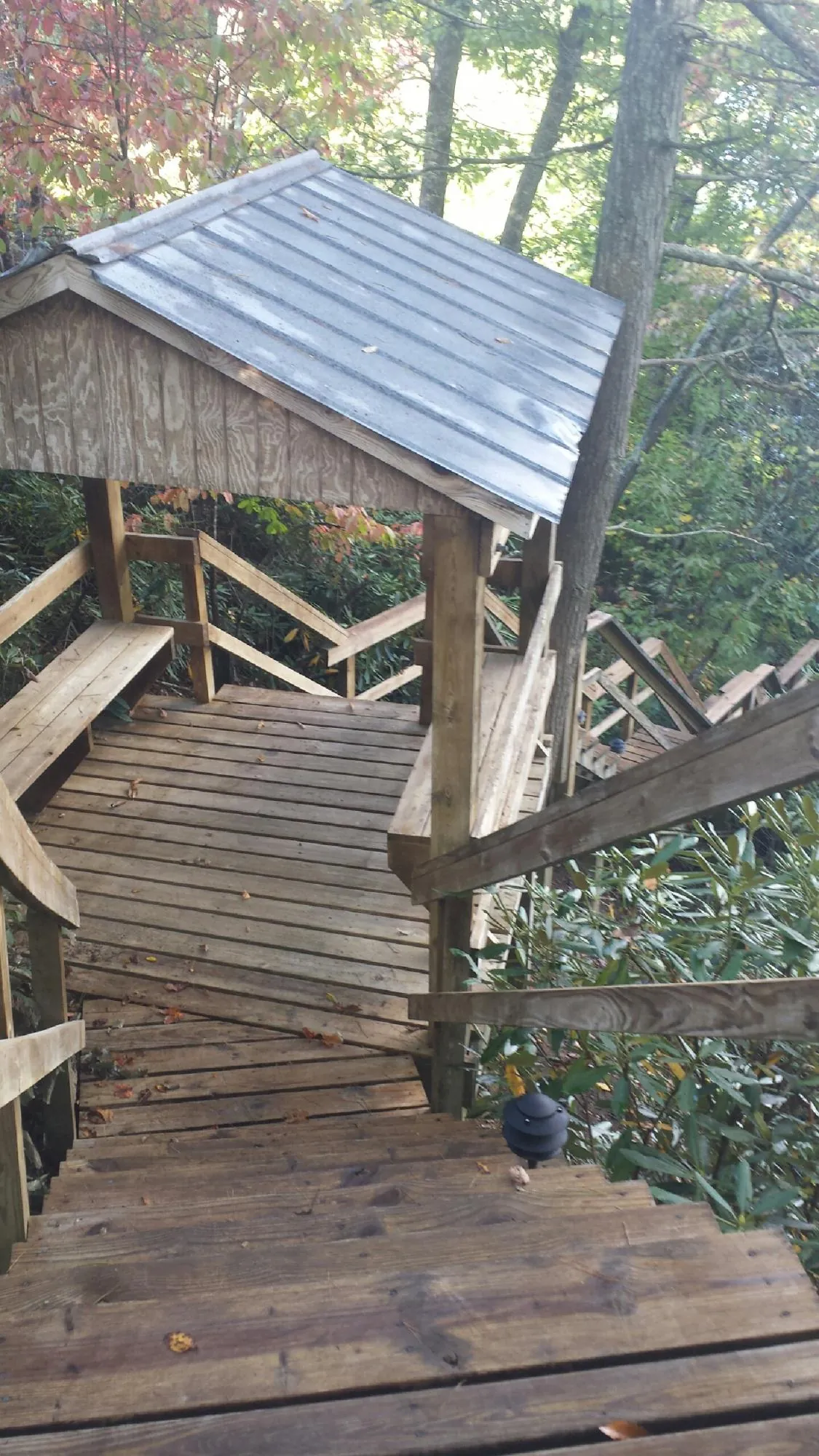 Metal roofed shelter over wooden steps on a wooded walkway — Skylight Repair & Installation work by our crew in Buckhannon